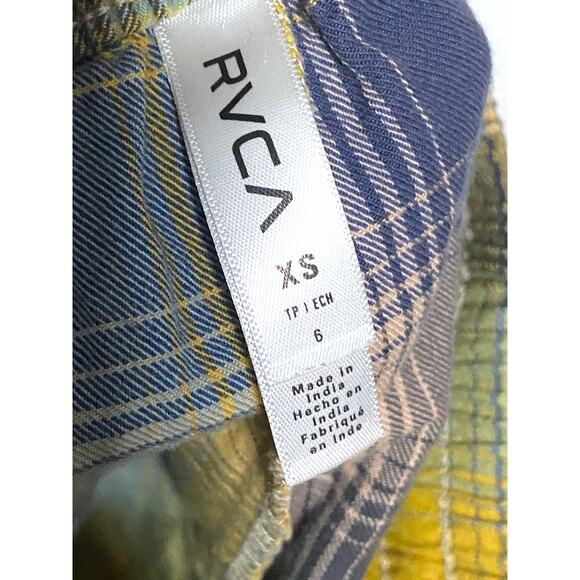 RVCA Shorts Blue Yellow Plaid Pockets Elastic Waist Drawstring Pull On Women XS - Picture 5 of 7